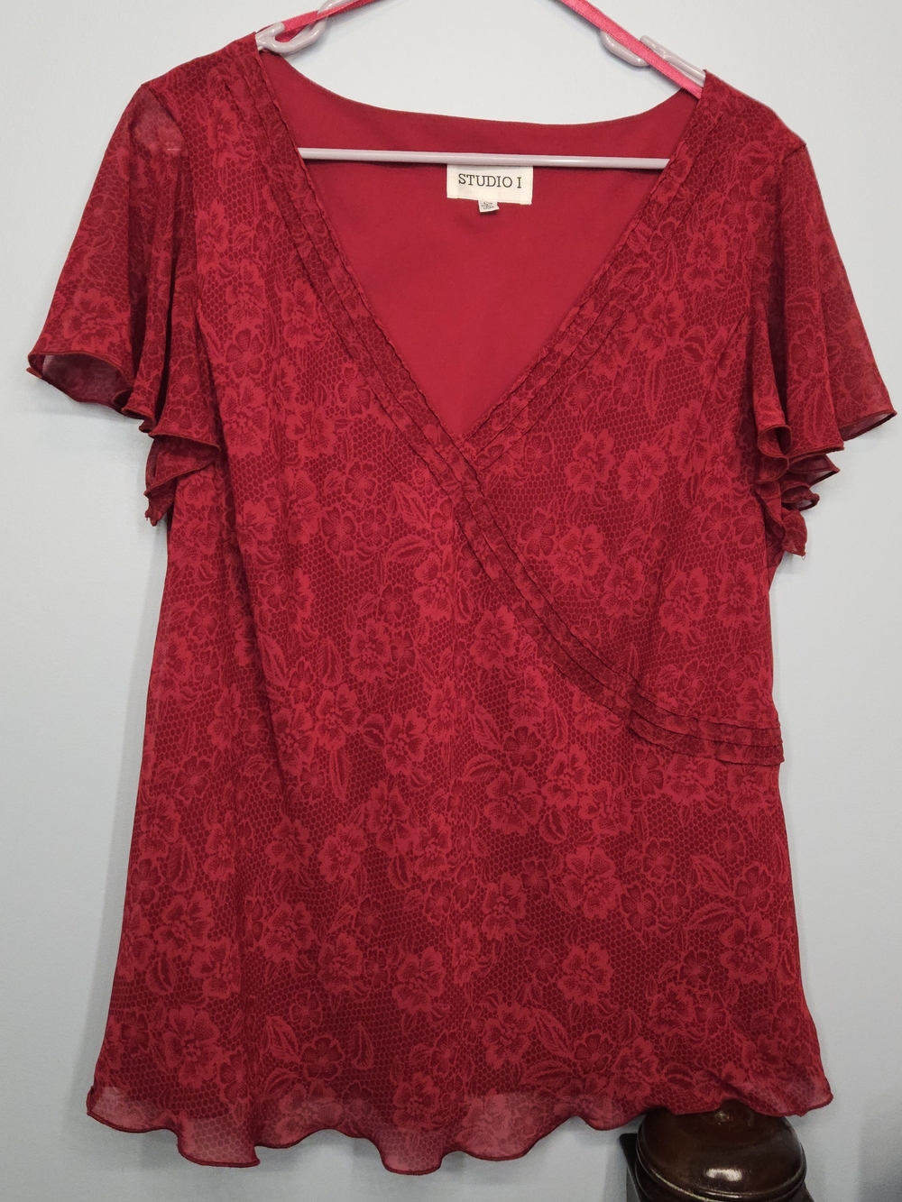 Studio I Red Floral Wrap Blouse with Flutter Sleeves